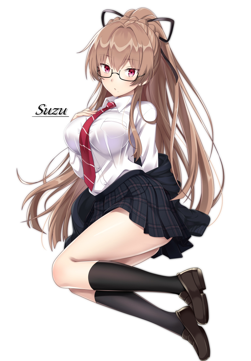 absurdres artist_name azur_lane black-framed_eyewear black_ribbon black_skirt breasts brown_footwear brown_hair commentary_request female full_body glasses hair_ribbon highres kneehighs large_breasts long_hair long_sleeves looking_at_viewer mole mole_under_mouth necktie official_alternate_costume plaid plaid_skirt ponytail red_eyes red_necktie ribbon semi-rimless_eyewear shirt shoes simple_background skirt socks solo suzumia_(daydream) swiftsure_(azur_lane) swiftsure_(study_hall_cyclamen)_(azur_lane) thighs under-rim_eyewear white_background white_shirt