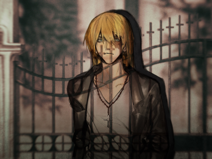 1boy black_jacket blonde_hair blue_eyes burn_scar chinese_commentary commentary cross death_note fence highres jacket leather leather_jacket male_focus medium_hair mello_(death_note) mvrl orphanage scar scar_on_face shirt short_hair solo