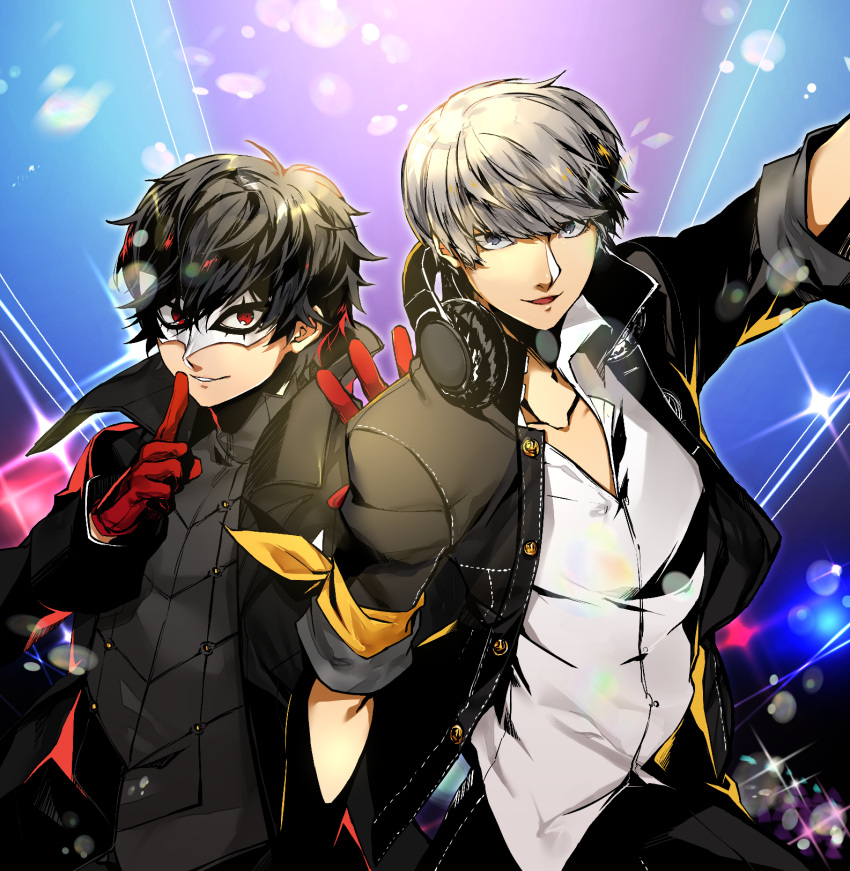 2boys :d amamiya_ren armband black_coat black_hair black_jacket black_pants coat collarbone commentary dress_shirt finger_to_mouth gloves grey_eyes grey_hair grin hair_between_eyes headphones headphones_around_neck highres jacket looking_at_viewer lor_(roasyerizyonirapi) male_focus mask multiple_boys narukami_yuu open_clothes open_coat open_jacket open_mouth pants persona persona_4 persona_4:_dancing_all_night persona_5 persona_dancing red_eyes red_gloves school_uniform shirt short_hair shushing smile white_shirt yasogami_school_uniform