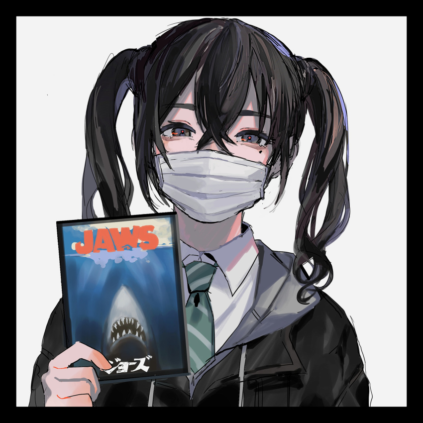 bad_id bad_twitter_id black_border border brown_hair female grey_background grey_eyes hair_between_eyes highres holding idolmaster idolmaster_cinderella_girls jacket jaws_(movie) looking_at_viewer mask mole mole_under_eye mouth_mask necktie nima_(nimamann) solo sunazuka_akira surgical_mask twintails