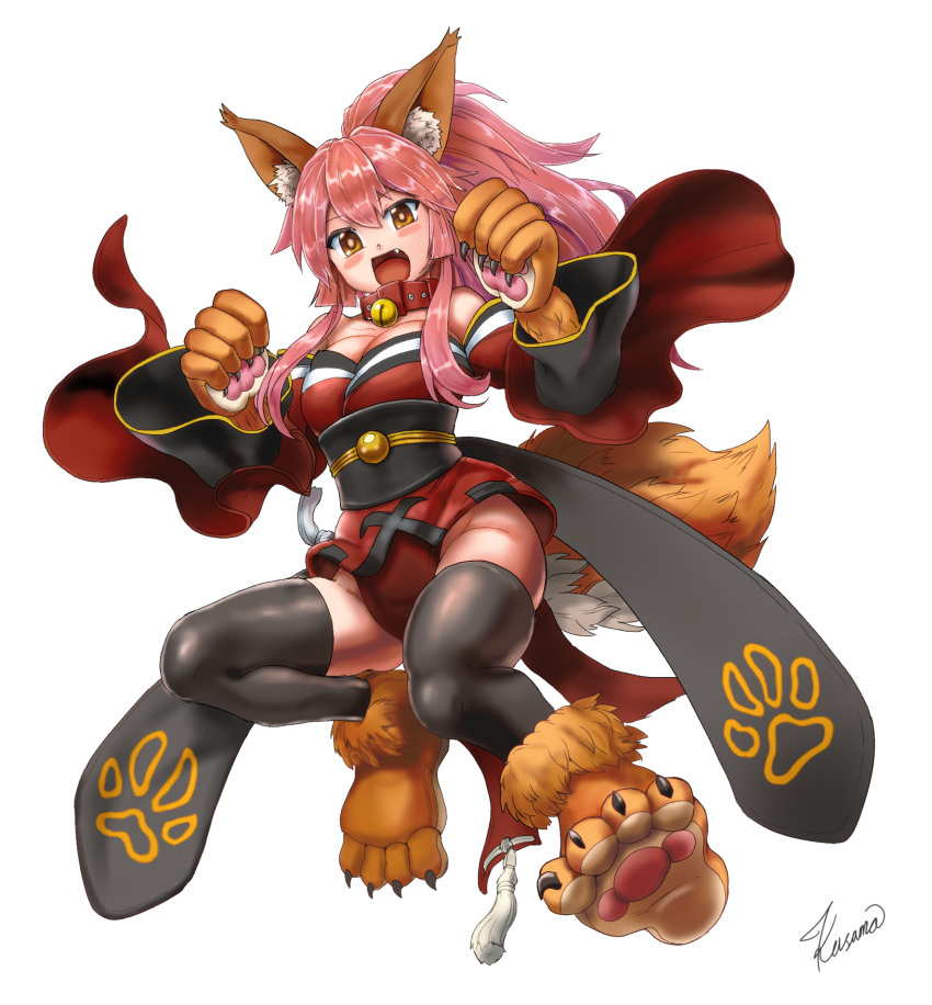 :d animal_ear_fluff animal_ears animal_hands bell black_legwear blush_stickers breasts cat_paws cleavage collar collarbone commentary_request fate/grand_order fate_(series) female fox_ears fox_girl fox_tail gloves highres japanese_clothes jingle_bell kimono kusama_takato large_breasts long_hair looking_at_viewer looking_down neck_bell no_panties oerba_yun_fang open_mouth paw_gloves paw_shoes pink_hair ponytail red_kimono shoes signature simple_background smile solo tail tamamo_(fate) tamamo_cat_(fate) tamamo_cat_(first_ascension)_(fate) white_background yellow_eyes