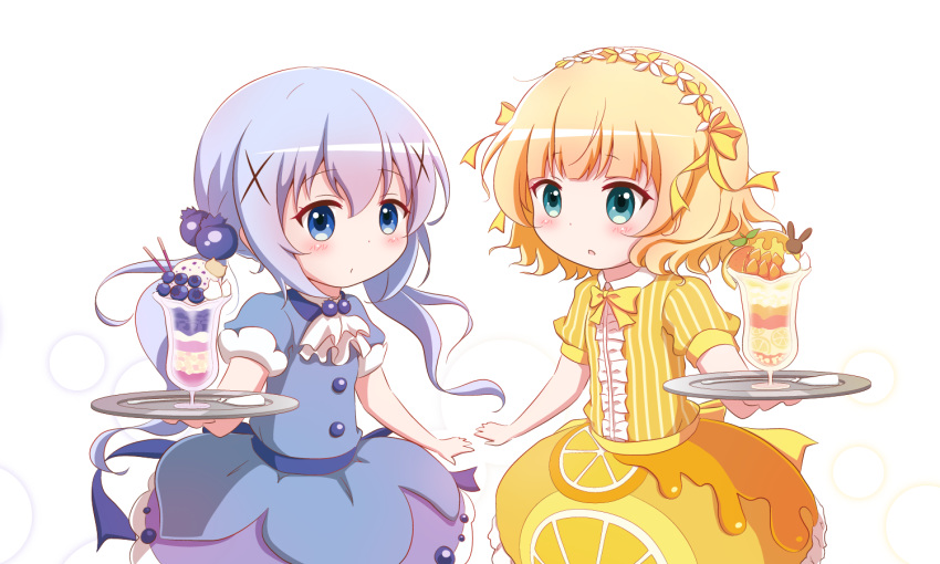 2girls :o aqua_eyes ascot blonde_hair blue_dress blue_eyes blue_hair blueberry_hair_ornament blush bow bowtie center_frills closed_mouth collared_dress commentary dress food-themed_hair_ornament frills gochuumon_wa_usagi_desu_ka? goth_risuto hair_between_eyes hair_ornament holding holding_tray kafuu_chino kirima_syaro long_hair low_twintails md5_mismatch multiple_girls parfait parted_lips puffy_short_sleeves puffy_sleeves short_sleeves striped_clothes striped_dress tray twintails vertical-striped_clothes vertical-striped_dress very_long_hair white_ascot white_background x_hair_ornament yellow_bow yellow_bowtie yellow_dress