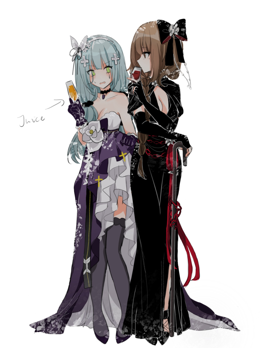 2girls black_dress breasts brown_eyes brown_hair choker cup dress drinking_glass eyepatch facial_mark girls'_frontline gloves green_eyes grey_hair hair_ornament high_heels highres hk416_(girls'_frontline) hk416_(starry_cocoon)_(girls'_frontline) m16a1_(blazer_of_the_trail)_(girls'_frontline) m16a1_(girls'_frontline) multiple_girls official_alternate_costume shadow71580825 strapless strapless_dress white_background x_hair_ornament