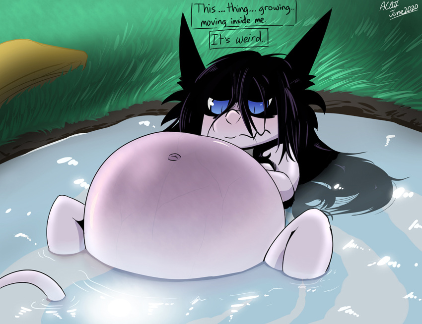 bath belly big_belly black_hair blue_eyes english_text female grumpy hair hole_(pit) huge_belly humanoid imp inner_thoughts pregnant pregnant_female pupils riis slit_pupils solo text water white_body