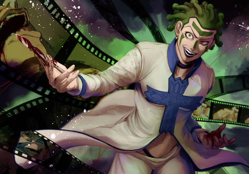 1boy blood blood_on_knife cioccolata earrings facepaint facial_mark film_strip green_eyes green_hair highres jewelry jojo_no_kimyou_na_bouken knife lipstick long_coat makeup male_focus purple_lips sano_(hospital_0434) scalpel solo thong vento_aureo