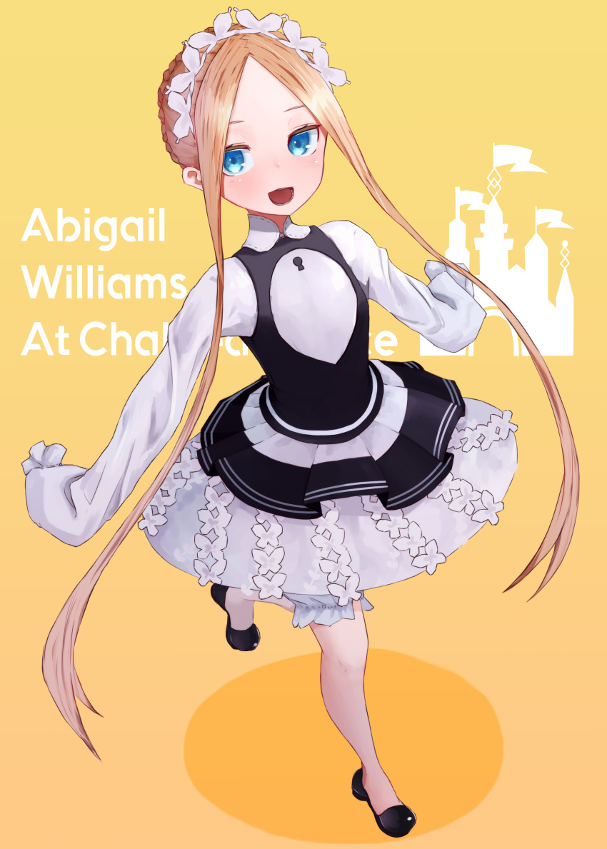 :d abigail_williams_(fate) abigail_williams_(festival_outfit)_(fate) absurdres blonde_hair blue_eyes blush breasts character_name dress fate/grand_order fate_(series) female forehead highres kopaka_(karda_nui) long_hair long_sleeves looking_at_viewer maid_day maid_headdress official_alternate_costume open_mouth parted_bangs sidelocks small_breasts smile solo white_dress