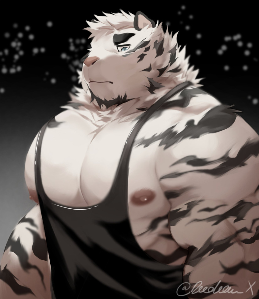 1boy animal_ears arknights bad_id bad_twitter_id bara bare_pectorals black_tank_top dee_(deedea_x) facial_hair furry furry_male goatee highres large_pectorals looking_at_viewer loose_clothes male_focus mountain_(arknights) muscular muscular_male nipples no_scar oversized_clothes pectorals short_hair solo tank_top thick_eyebrows tiger_boy tiger_ears upper_body white_hair