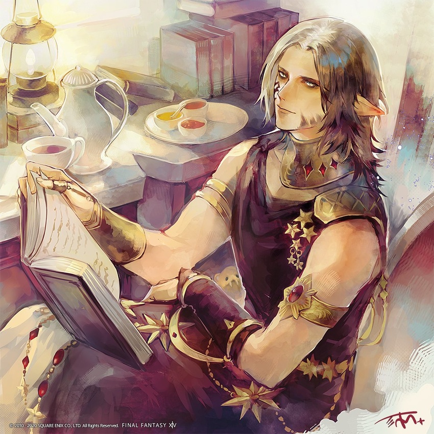 1boy archon_mark armlet bracer choker copyright_name copyright_notice cup elezen elf facial_tattoo final_fantasy final_fantasy_xiv grey_hair indoors looking_at_viewer male_focus medium_hair official_art pointy_ears signature sitting sleeveless solo tattoo teacup teapot tsujii_megumi urianger_augurelt watermark