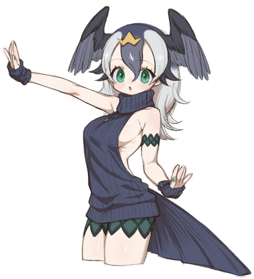 alternate_costume bare_shoulders bike_shorts bird_girl bird_tail bird_wings black_hair black_sweater breasts cowboy_shot female green_eyes green_nails green_shorts grey_hair hair_between_eyes head_wings highres japanese_cormorant_(kemono_friends) kemono_friends looking_at_viewer meme_attire nail_polish notora shorts sideboob sidelocks simple_background solo sweater tail turtleneck turtleneck_sweater virgin_killer_sweater white_background wings wristband