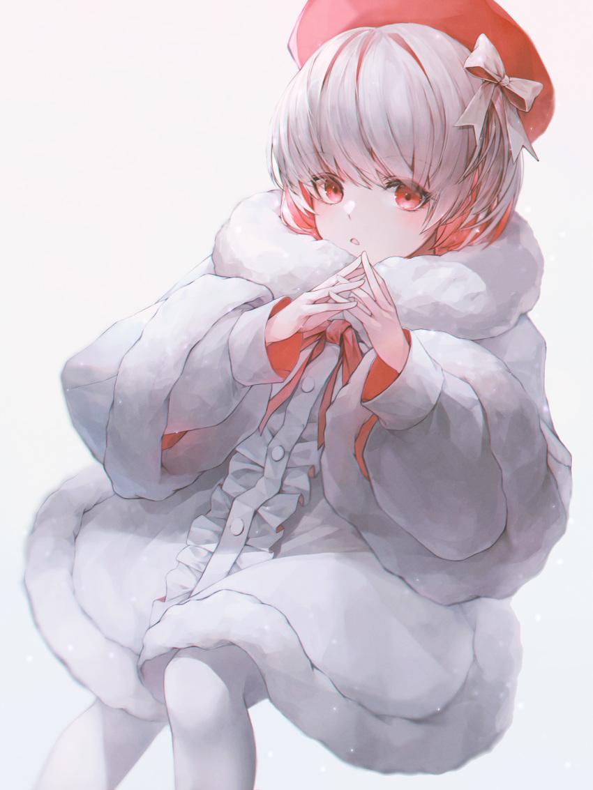 absurdres bow coat commentary crystalherb female highres interlocked_fingers long_sleeves looking_at_viewer original own_hands_together photoshop_(medium) red_eyes red_headwear solo symbol-only_commentary white_background white_bow white_coat white_hair white_legwear