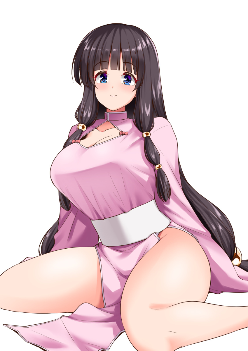 black_hair blue_eyes blunt_bangs blush cleavage_cutout clothing_cutout dress female hair_bobbles hair_ornament highres hisakabe_oto long_hair long_sleeves looking_at_viewer low-tied_long_hair multi-tied_hair no_panties original pelvic_curtain pink_dress sash sitting smile solo very_long_hair wariza white_background