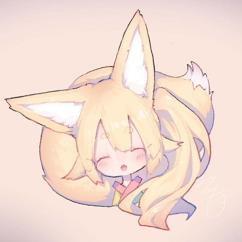 animal_ear_fluff animal_ears blonde_hair blush closed_eyes commentary_request eyebrows female fox_ears fox_girl fox_tail fukutchi grey_background hair_between_eyes highres open_mouth original short_hair sidelocks simple_background smile solo tail upper_body