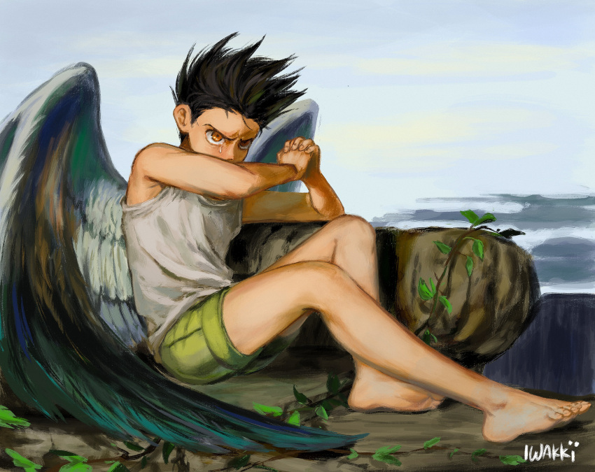 1boy absurdres angel angel_wings artist_name bare_legs bare_shoulders barefoot black_hair english_commentary fallen_angel_(painting) feathered_wings feathers feet fine_art_parody gon_freecss green_shorts highres hunter_x_hunter iwakki lolicon looking_at_viewer male_focus on_ground outdoors parody short_hair shorts signature sitting solo spiked_hair tank_top tears three_quarter_view toenails toes white_tank_top white_wings wings yellow_eyes