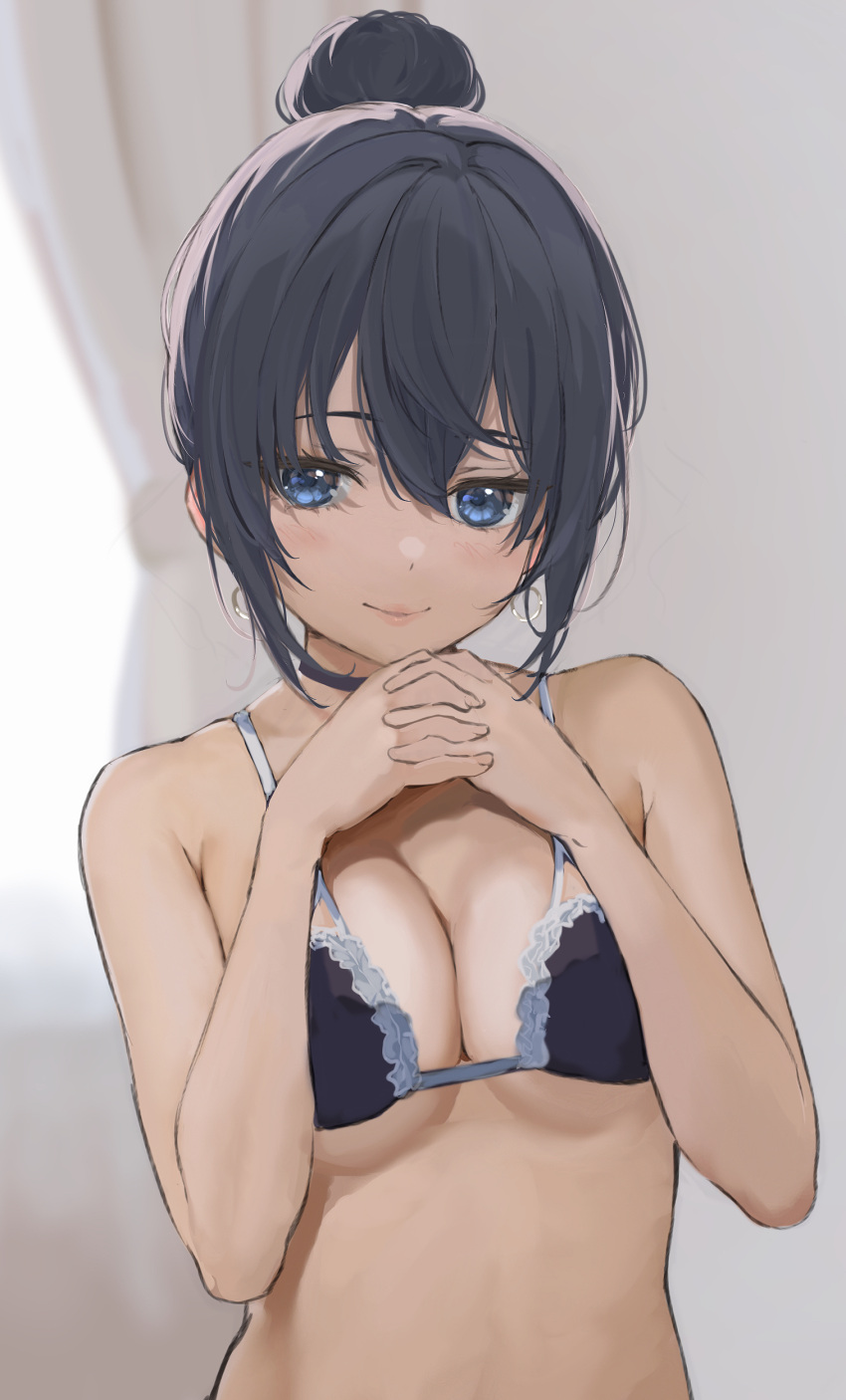 absurdres bad_id bad_pixiv_id bare_arms bare_shoulders black_bra black_choker black_hair blue_eyes bra breasts choker cleavage closed_mouth female hair_bun highres icehotmilktea looking_at_viewer medium_breasts original own_hands_together short_hair single_hair_bun smile solo underwear underwear_only upper_body