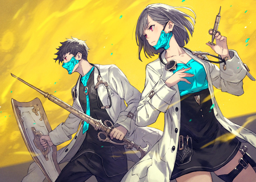 1boy aqua_necktie arms_up black_hair black_pants black_skirt blue_necktie breasts cleavage closed_mouth collarbone commentary_request doctor dress female grey_hair highres holding holding_shield holding_syringe holding_weapon kusano_shinta lab_coat lips long_sleeves looking_to_the_side mask mouth_mask necktie original pants red_eyes shield short_hair simple_background skirt syringe thigh_strap weapon yellow_background