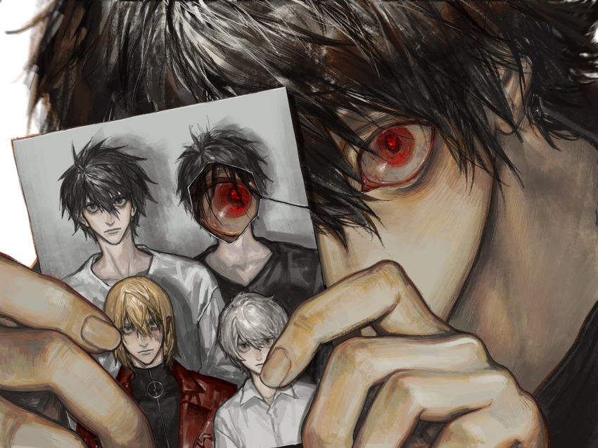 4boys age_difference bags_under_eyes beyond_birthday black_eyes black_hair black_shirt blonde_hair bloodshot_eyes blue_eyes burn_scar commentary death_note grey_eyes height_difference highres holding jacket l_(death_note) leather leather_jacket looking_at_viewer male_focus medium_hair mello_(death_note) multiple_boys mvrl near_(death_note) photo_(object) red_eyes red_jacket scar scar_on_face shirt short_hair white_hair white_shirt