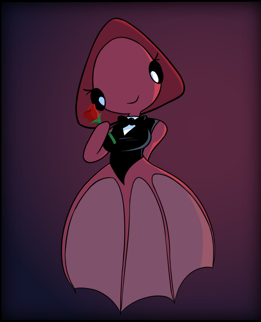 black_tie_(suit) bow_(feature) bow_tie cephalopod clothing coleoid decapodiform female flower hand_behind_back hi_res holding_object krackdown9 looking_at_viewer marine mollusk octopodiform pasiphae_(krackdown9) plant smile solo standing suit vampire_squid