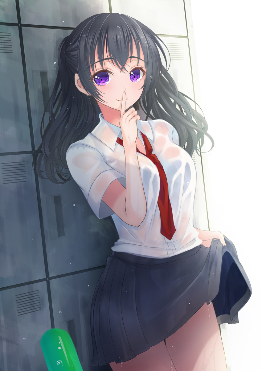 bad_id bad_pixiv_id black_hair clothes_lift female finger_to_mouth highres locker long_hair looking_at_viewer necktie original purple_eyes sakurai_unan school_uniform see-through skirt skirt_lift smile solo standing