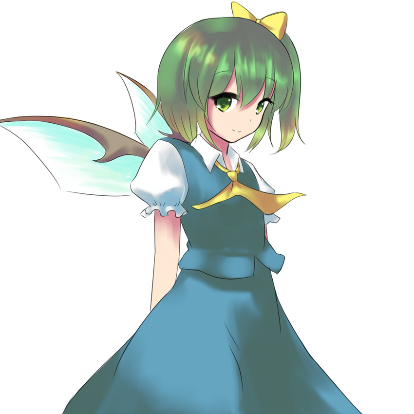 arms_behind_back ascot commentary_request cowboy_shot daiyousei fairy_wings female green_eyes green_hair hair_ribbon head_tilt highres looking_at_viewer orinpachu puffy_short_sleeves puffy_sleeves ribbon short_hair short_sleeves side_ponytail simple_background skirt skirt_set smile solo touhou white_background wings