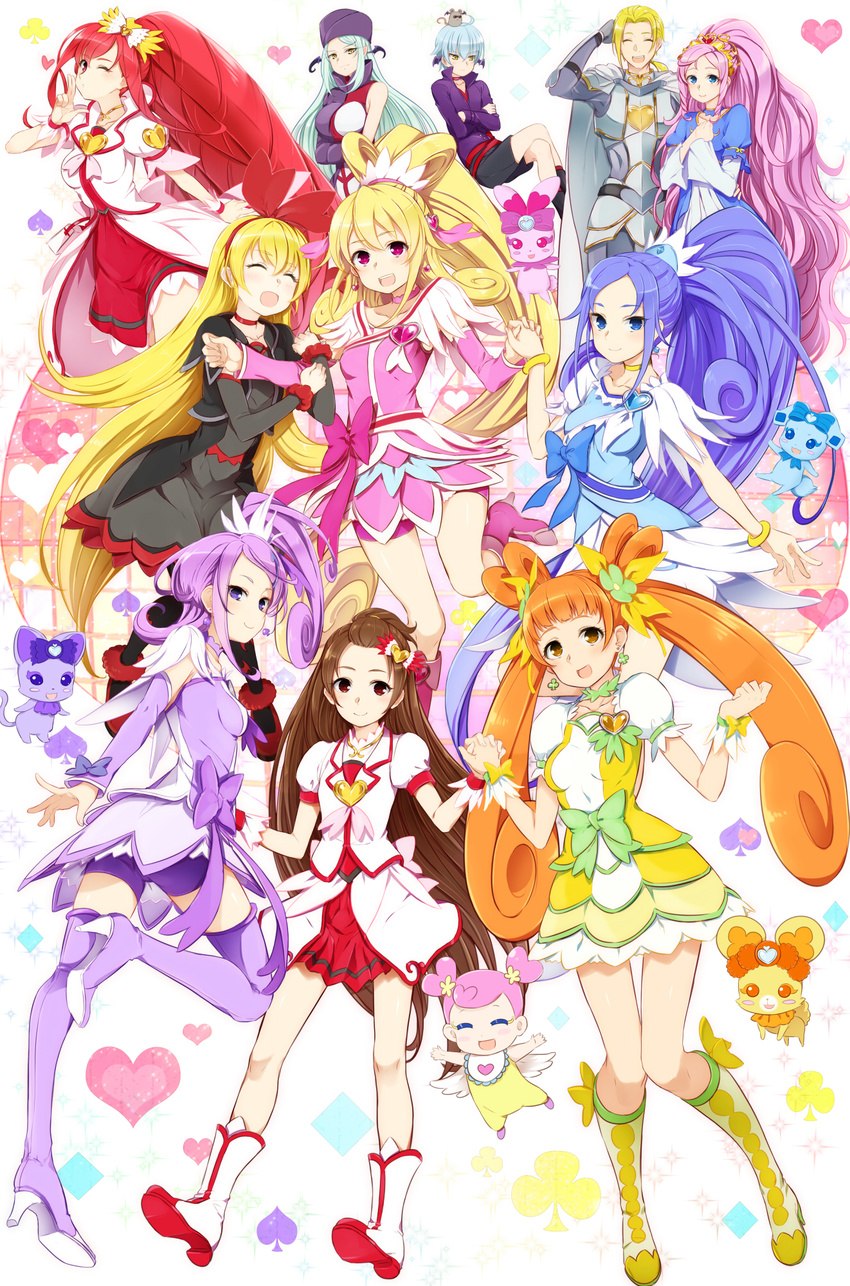 6+girls ai-chan_(dokidoki!_precure) aida_mana arm_hug bel_(dokidoki!_precure) black_dress blue_bow blue_eyes blue_hair blush bow brooch choker commentary_request cosplay creature cure_ace cure_ace_(cosplay) cure_diamond cure_heart cure_rosetta cure_sword davi_(dokidoki!_precure) dokidoki!_precure dress dual_persona fallen_down full_body green_choker green_dress hair_bun hair_ornament half_updo heart heart_brooch heart_hair_bun high_ponytail highres hishikawa_rikka ira_(dokidoki!_precure) jewelry joe_okada kenzaki_makoto long_hair madoka_aguri magical_girl mamo_(dokidoki!_precure) marie_ange md5_mismatch minatsuki_randoseru monster multiple_girls outstretched_arms pink_arm_warmers pink_bow pink_hair pink_sleeves precure purple_arm_warmers purple_choker purple_eyes purple_hair rakeru_(dokidoki!_precure) rance_(dokidoki!_precure) regina_(dokidoki!_precure) resolution_mismatch self_cosplay sharuru_(dokidoki!_precure) short_hair simple_background smile source_smaller thigh_gap thighhighs twintails very_long_hair waist_bow white_background yotsuba_alice zettai_ryouiki