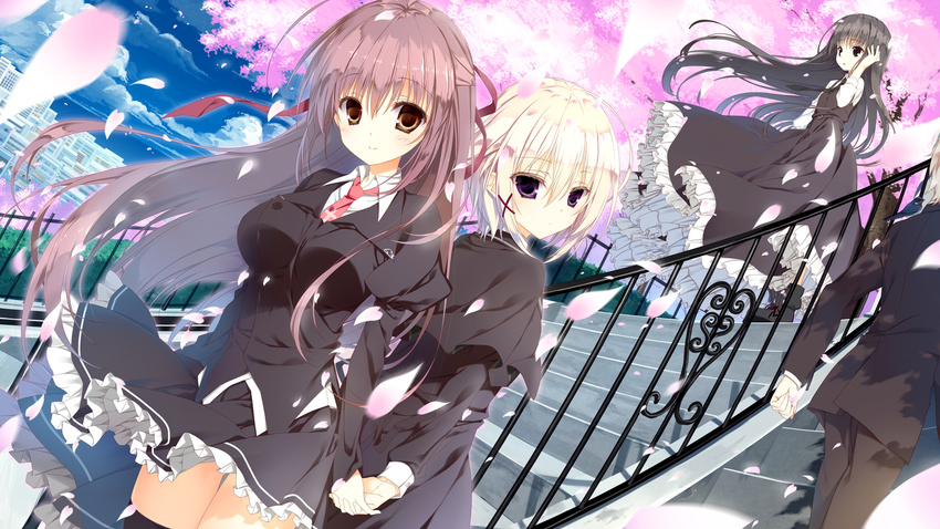 1boy 3girls ahoge belt black_dress black_footwear black_hair black_jacket black_necktie black_thighhighs blazer blonde_hair blue_sky boots breasts brown_eyes cherry_blossoms cherry_tree city closed_mouth cloud collaboration collared_shirt dress expressionless falling_petals frilled_dress frilled_skirt frills green_eyes hair_ornament hand_on_own_head hedge highres holding_hands inugami_kira jacket jitome juliet_sleeves kagome_(traumatize) kusanagi_naoya large_breasts light_smile long_dress long_hair long_sleeves misakura_rin multiple_girls natsume_ai natsume_shizuku necktie official_art outdoors pants parted_lips petals pink_hair ponytail puffy_sleeves purple_eyes red_ribbon ribbon sakura_no_toki sakura_no_uta school_uniform shirt short_hair skirt sky small_breasts stairs tareme thighhighs very_long_hair white_shirt wind wind_lift x_hair_ornament