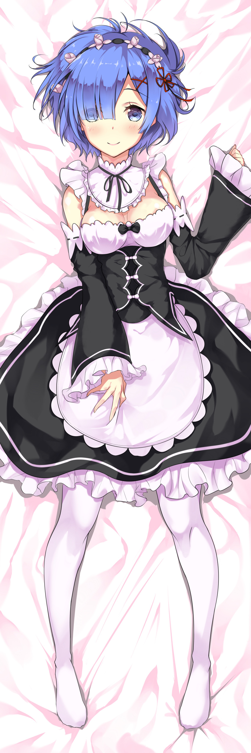 absurdres apron asymmetrical_bangs bed_sheet black_ribbon black_skirt blue_eyes blue_hair blush breasts choker cleavage commentary_request dakimakura_(medium) detached_sleeves eyes_visible_through_hair female flower frilled_apron frilled_skirt frills from_above full_body hair_flower hair_ornament hair_over_one_eye hair_ribbon head_wreath highres kasoke_no_tsubasa looking_at_viewer lying maid medium_breasts neck_ribbon on_back photoshop_(medium) re:zero_kara_hajimeru_isekai_seikatsu red_ribbon rem_(re:zero) ribbon ribbon-trimmed_sleeves ribbon_trim roswaal_mansion_maid_uniform short_hair skirt smile solo white_apron white_flower white_legwear