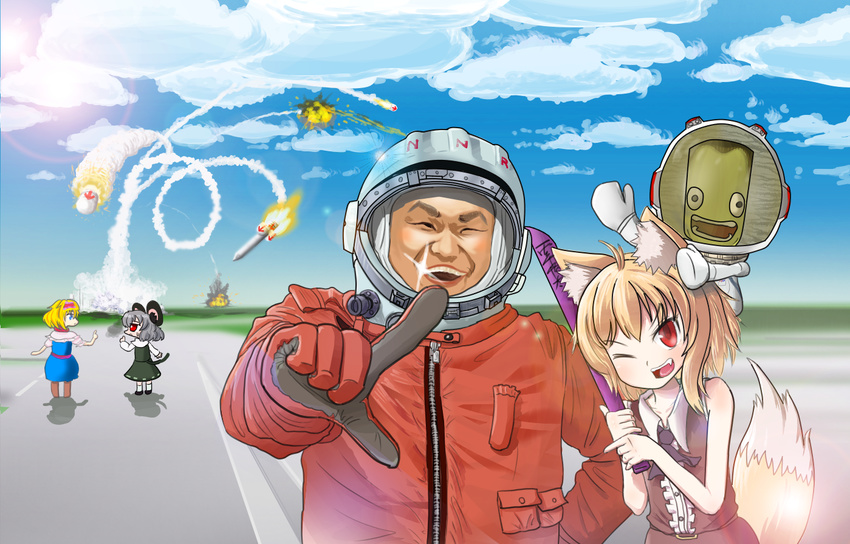 2boys 3girls algodoo alice_margatroid animal_ears arrow_(symbol) astronaut blonde_hair blue_eyes blush boots brown_footwear brown_hair collarbone commentary_request cookie_(touhou) cosplay fangs fox_ears fox_tail grey_hair hairband helmet ichigo_(cookie) kerbal_space_program kneehighs looking_at_another looking_at_viewer miramikaru_riran missile mouse_ears mouse_tail multiple_boys multiple_girls nazrin nyon_(cookie) one_eye_closed open_mouth pai_kebon_baa parted_lips real_life red_eyes short_hair smile socks space_helmet spacesuit sparkle sweat tail teeth thigh_boots thighhighs touhou white_legwear yuri_gagarin yuri_gagarin_(cosplay)