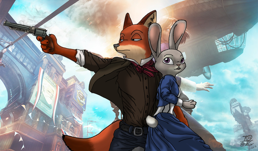 2016 2k_games action_pose aircraft airship anthro belt bioshock bioshock_infinite booker_dewitt canid canine clothed clothing cloud day disney dress duo elizabeth_(bioshock_infinite) female fox fur gun handgun hi_res judy_hopps lagomorph leporid male mammal necktie nick_wilde outside pistol pose rabbit ranged_weapon red_fox revolver sasukedll7170 shirt sky topwear true_fox two_tone_tail vehicle weapon zootopia