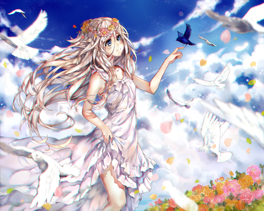 bird blue_bird blue_eyes braid commentary dove dress female field flower flower_field flower_wreath head_wreath ia_(vocaloid) long_hair outdoors photoshop_(medium) pink_flower pink_rose rose see-through_silhouette skirt_hold smile solo teka twin_braids vocaloid white_dress white_hair yellow_flower yellow_rose