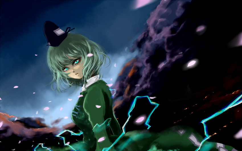 breasts cloud commentary_request dress dutch_angle female ginji_(sakaki_summer) glowing glowing_eyes green_dress green_eyes green_hair hat lightning long_sleeves looking_at_viewer medium_breasts parted_lips petals short_hair sky soga_no_tojiko solo tate_eboshi touhou upper_body