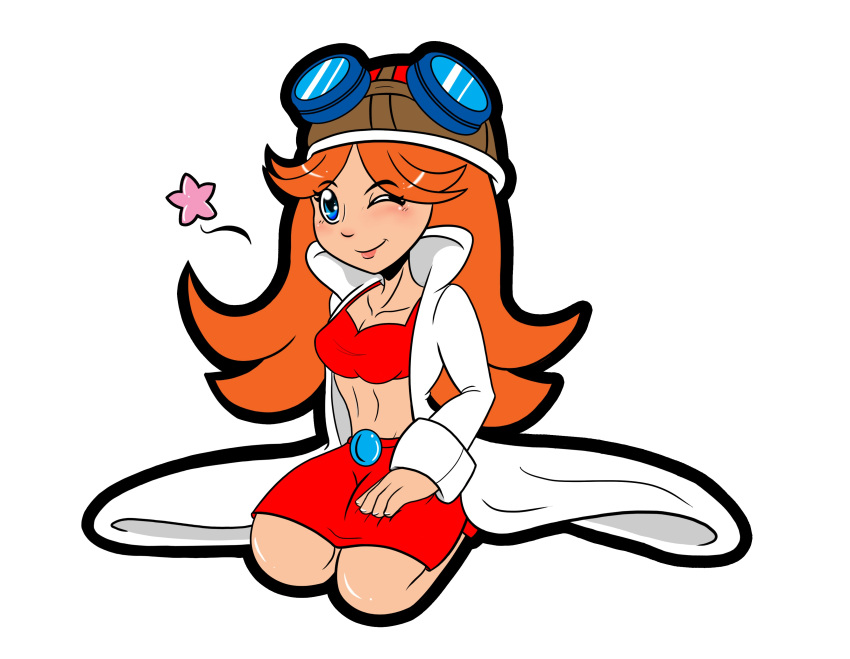 blue_eyes glasses helmet large_breast large_breats long_hair mona mona_(warioware) nintendo orange_hair tagme