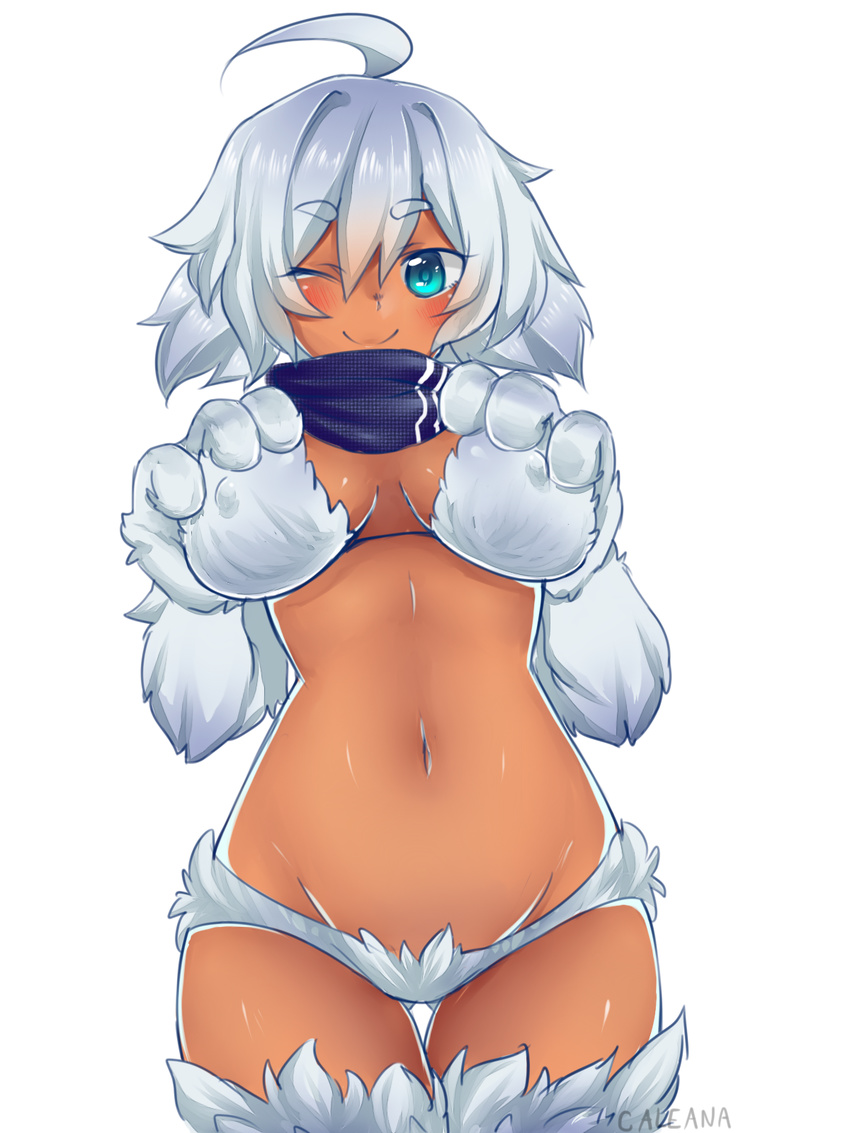 ;) ahoge animal_hands aqua_eyes artist_name bikini blush breast_hold breasts breasts_apart caleana commentary_request covered_nipples cowboy_shot dark-skinned_female dark_skin eyebrows female groin highres large_breasts looking_at_viewer monster_girl monster_girl_encyclopedia navel one_eye_closed scarf short_hair signature smile solo swimsuit thigh_gap white_fur white_hair yeti_(monster_girl_encyclopedia)