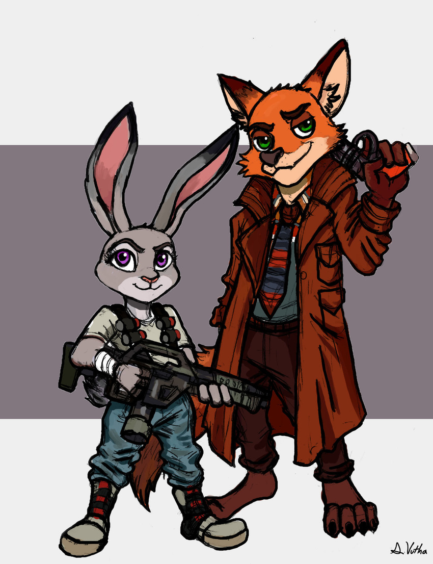 2016 alien_(franchise) anthro assault_rifle barefoot blade_runner canid canine claws countershading dipstick_ears disney duo ear_markings ellen_ripley explosives facial_markings feet female fox fur grenade gun handgun head_markings hi_res holding_gun holding_object holding_ranged_weapon holding_weapon inner_ear_fluff judy_hopps lagomorph leporid looking_at_viewer male mammal markings multicolored_ears muzzle_(marking) nick_wilde rabbit ranged_weapon red_fox revolver rick_deckard rifle simple_background size_difference smile snout snout_markings thelivingshadow toe_claws true_fox tuft weapon zootopia