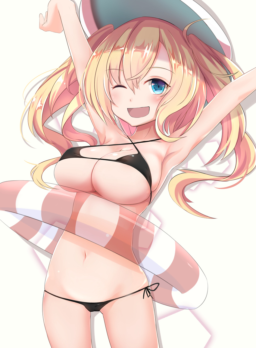 absurdres aritsuno armpits bad_id bad_pixiv_id bikini blonde_hair blue_eyes breasts cleavage criss-cross_halter female halterneck highres innertube large_breasts long_hair one_eye_closed open_mouth original side-tie_bikini_bottom smile solo swim_ring swimsuit two_side_up