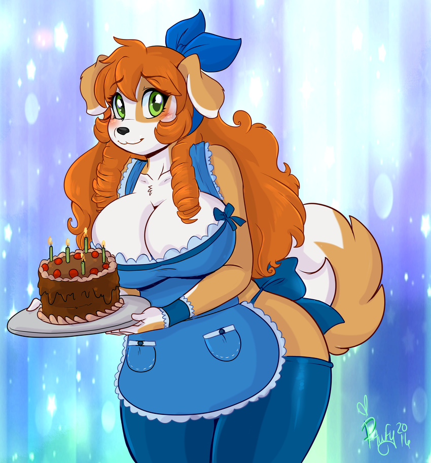 2016 absurd_res anthro apron big_breasts blush breasts brown_body brown_fur cake candle canid canine canis cleavage clothed clothing curvy_figure dessert domestic_dog female food fur green_eyes hair hi_res holding_object huge_breasts kibbles_(uberquest) leggings legwear long_hair looking_at_viewer mammal multicolored_body multicolored_fur orange_hair phuufy slightly_chubby smile solo thick_thighs thigh_highs two_tone_body two_tone_fur uberquest voluptuous white_body white_fur wide_hips