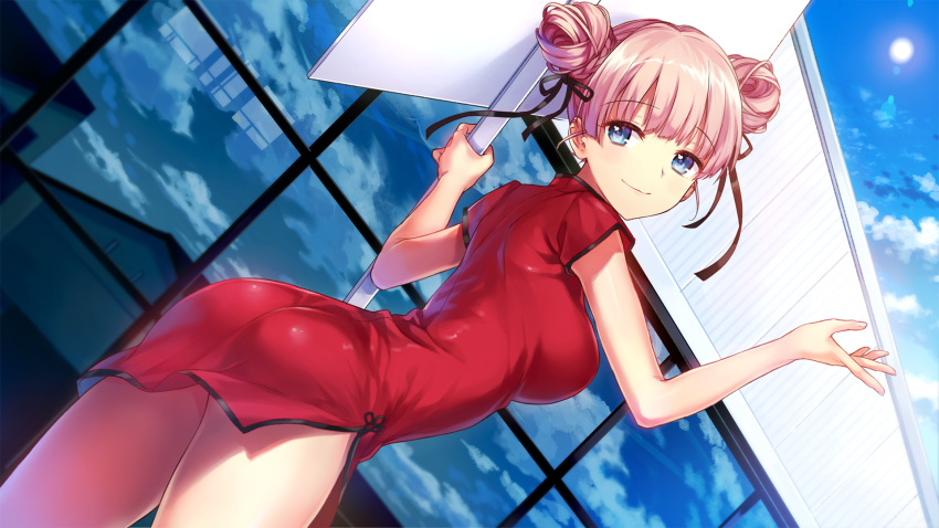 aqua_eyes ass blue_eyes chinese_clothes chinese_dress clouds game_cg harmorise hinasaki hirosawa_hikari hitotsu_yane_no_tsubasa_no_shita_de pink_hair ribbons short_hair sky