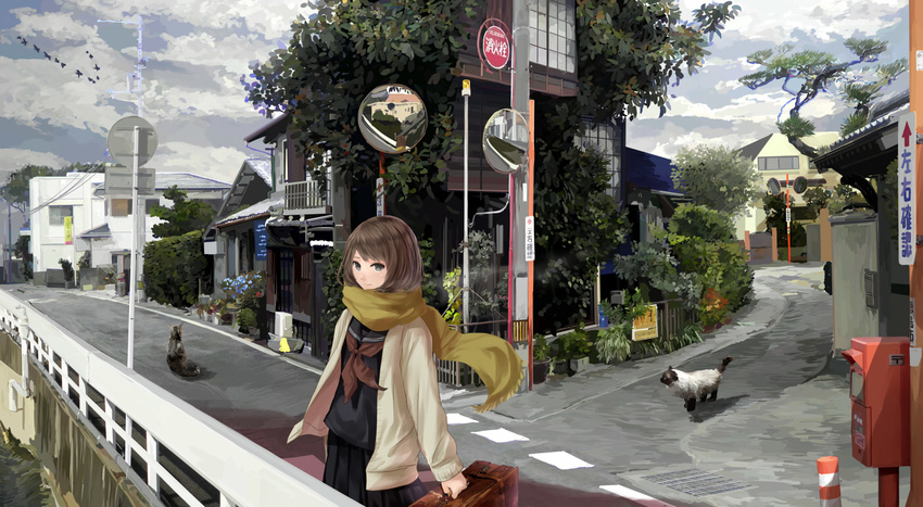 animal brown_hair building feline mikipuruun_no_naegi original scarf seifuku