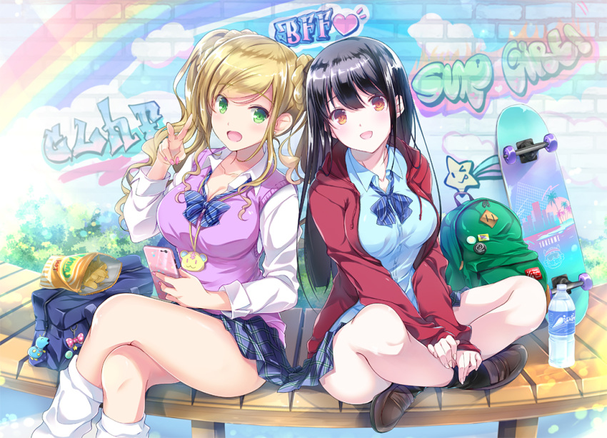 2girls :d backpack bag bench black_hair black_legwear blonde_hair blue_bow blue_bowtie blue_shirt blue_skirt blush bottle bow bowtie braid breasts brick_wall brown_eyes brown_footwear buttons cellphone chips_(food) cleavage collarbone collared_shirt commentary_request crossed_legs day drawstring dress_shirt duffel_bag food graffiti green_eyes gyaru hand_up head_tilt heart holding holding_phone hood hood_down hooded_jacket indian_style jacket jewelry kogal large_breasts loafers long_hair long_sleeves looking_at_viewer loose_bowtie loose_socks miniskirt multiple_girls nail_polish necklace open_mouth original phone photoshop_(medium) pink_nails plaid plaid_skirt pleated_skirt potato_chips purple_vest rainbow red_jacket satou_satoru school_bag school_uniform shirt shoes sidelocks sitting skateboard skirt sleeves_past_wrists smile socks star_(symbol) striped_bow striped_bowtie striped_clothes sweater_vest thighs twintails v vest water_bottle wavy_hair white_shirt white_socks