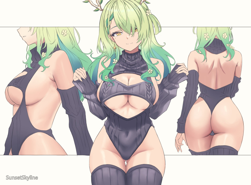 alternate_costume antlers ass back backless_outfit bare_shoulders black_socks braid breasts ceres_fauna english_commentary female flower from_behind green_hair hair_flower hair_ornament highres hololive hololive_english horns large_breasts leotard long_hair looking_at_viewer meme_attire mole mole_under_eye multicolored_hair multiple_views ribbed_leotard ribbed_sweater shoulder_blades sideboob smile socks sunset_skyline sweater thighs thong thong_leotard tree_horns turtleneck virgin_slayer_sweater virtual_youtuber yellow_eyes