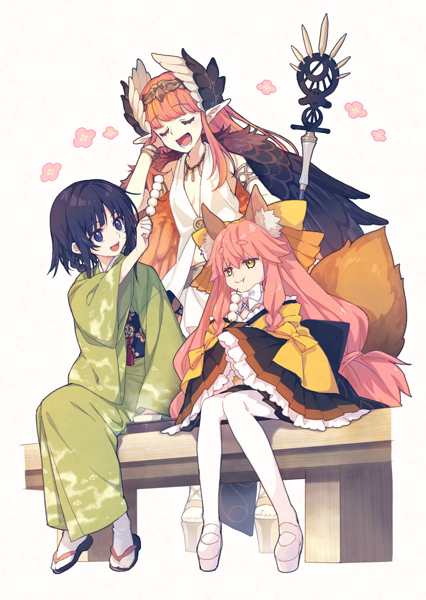 3girls animal_ear_fluff animal_ears armlet bare_shoulders black_eyes black_hair bow bracelet braid braided_hair_rings braided_sidelock brown_wings circe_(fate) circlet closed_eyes cross-laced_sandals dango dress eating fate/grand_order fate/samurai_remnant fate_(series) feathered_wings feeding food fox_ears fox_girl fox_tail green_kimono hair_intakes hairbow head_wings high_heels highres holding holding_staff japanese_clothes jewelry kimono long_hair low-tied_long_hair multiple_girls necklace obi ogasawara_kaya okobo open_mouth pantyhose pink_hair platform_footwear pointy_ears print_kimono saipaco sandals sash short_eyebrows short_kimono simple_background sitting sleeves_past_fingers sleeves_past_wrists staff standing tail tamamo_(fate) tamamo_aria_(fate) twintails wagashi white_background white_bow white_pantyhose winged_hair_ornament wings yellow_bow yellow_eyes yellow_kimono