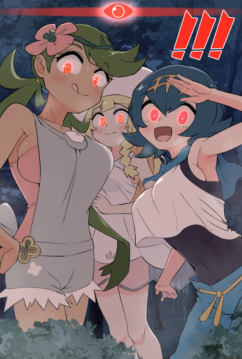 ! !! 3girls alpha_pokemon arm_up armpits blonde_hair blue_hair blue_sailor_collar blunt_bangs blush braid breasts breath bright_pupils bush closed_mouth commentary dark-skinned_female dark_skin dress eyelashes flower glowing glowing_eyes gold_hairband green_hair green_headband grey_hair grey_overalls hair_flower hair_ornament hairband hand_to_forehead hat headband highres kurachi_mizuki lana_(pokemon) large_breasts licking_lips lillie_(pokemon) long_hair looking_at_viewer mallow_(pokemon) medium_breasts menacing multiple_girls night one-piece_swimsuit open_mouth outdoors overall_shorts overalls pants pink_flower pokemon pokemon_sm red_eyes sailor_collar shirt short_hair shorts sideboob skin_tight sleeveless sleeveless_dress smile sun_hat sundress sweat swept_bangs swimsuit swimsuit_under_clothes tongue tongue_out twintails very_long_hair white_dress white_headwear yellow_hairband