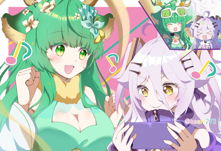 >_< 2girls ahoge animal_ears antlers breasts cellphone cleavage closed_eyes closed_mouth commentary deer_ears dress english_commentary flower green_dress green_eyes green_hair grey_hair hair_between_eyes hair_flower hair_ornament hair_ribbon hairpin haruka_karibu henya_the_genius henya_the_genius_(1st_costume) highres holding holding_phone horns keshi273 large_breasts long_bangs long_hair multiple_girls musical_note open_mouth phone purple_dress purple_ribbon reindeer_antlers reindeer_girl ribbon sleeveless sleeveless_dress smartphone smile two_side_up vshojo vshojo_idol_uniform_(candy_pop) yellow_eyes zipper zipper_pull_tab