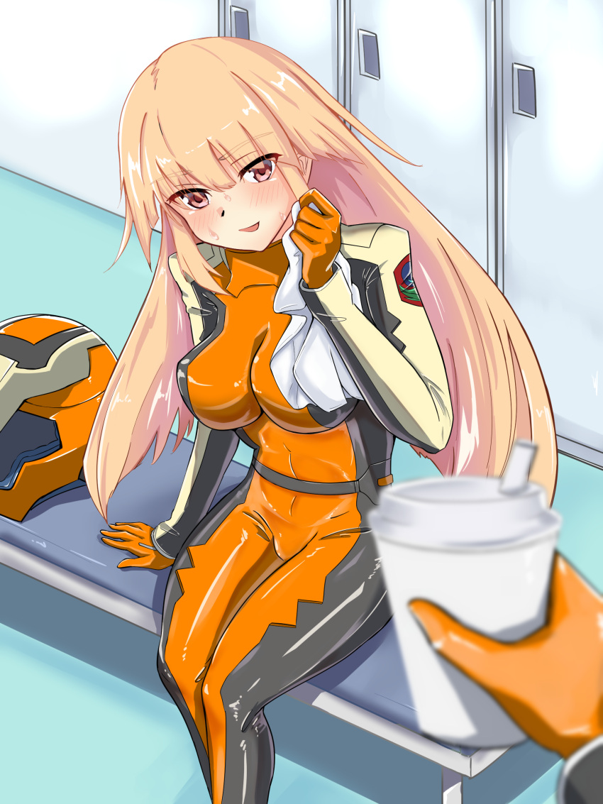 1other absurdres bench blonde_hair blurry bodysuit breasts brooklyn_(kancolle) commentary_request commission cosplay depth_of_field english_commentary feet_out_of_frame female gloves gundam gundam_seed helmet highres impossible_clothes kantai_collection large_breasts locker long_hair mixed-language_commentary orange_bodysuit orange_gloves pilot_suit red_eyes skeb_commission solo_focus timosan towel tumbler unworn_headwear unworn_helmet