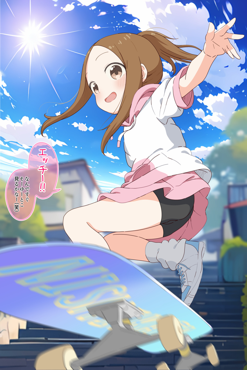 absurdres aki_(yunkana) bike_shorts black_shorts blue_sky blurry blurry_background blush brown_eyes brown_hair cloud commentary_request cross-laced_footwear day depth_of_field female forehead highres hood hoodie house karakai_jouzu_no_takagi-san long_hoodie looking_at_viewer medium_hair midair open_mouth outdoors outstretched_arm paid_reward_available ponytail shoes short_shorts shorts skateboard skateboarding sky smile sneakers socks solo speech_bubble sun takagi-san tareme translation_request white_socks