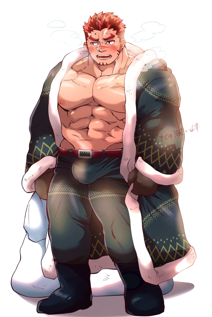 1boy abs absurdres akashi_(live_a_hero) alternate_costume averting_eyes bara blush breath bulge christmas coat facial_hair flexing_pectorals full_body fur-trimmed_coat fur_trim goatee highres kizami_nori_to_yamaimo large_pectorals live_a_hero long_sideburns male_focus muscular muscular_male nipples no_shirt open_clothes open_coat pants pectorals red_eyes red_hair sack scar scar_on_face scar_on_nose short_hair shy sideburns solo standing thick_eyebrows