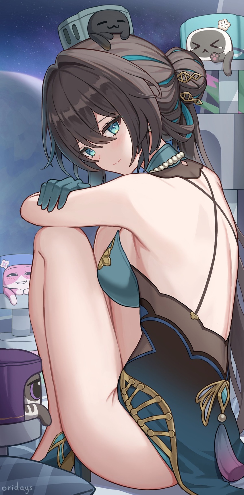 >_< :< absurdres animal_hands animal_on_head anya's_heh_face_(meme) aqua_dress aqua_eyes aqua_footwear aqua_gloves aqua_hair armpits artist_name bead_necklace beads black_cat black_hair blush breasts cat_on_head closed_eyes criss-cross_back-straps critter_pick_(honkai:_star_rail) crossed_arms detached_collar dna dress feline female from_side full_body gloves hair_between_eyes hair_bun hair_intakes hair_ornament hairpin herta_(honkai:_star_rail) herta_(wisteria_cake)_(honkai:_star_rail) high_heels highres honkai:_star_rail honkai_(series) hugging_own_legs jewelry large_breasts looking_at_viewer march_7th_(honkai:_star_rail) march_7th_(ice_cake)_(honkai:_star_rail) meme multicolored_hair necklace no_panties on_head oridays pearl_necklace pillow pink_cat planet ruan_mei_(honkai:_star_rail) ruan_mei_(lambda's_friend)_(honkai:_star_rail) sidelocks single_hair_bun sitting smile space star_(sky) streaked_hair tassel trailblazer_(honkai:_star_rail) trailblazer_(trash_cake)_(honkai:_star_rail)