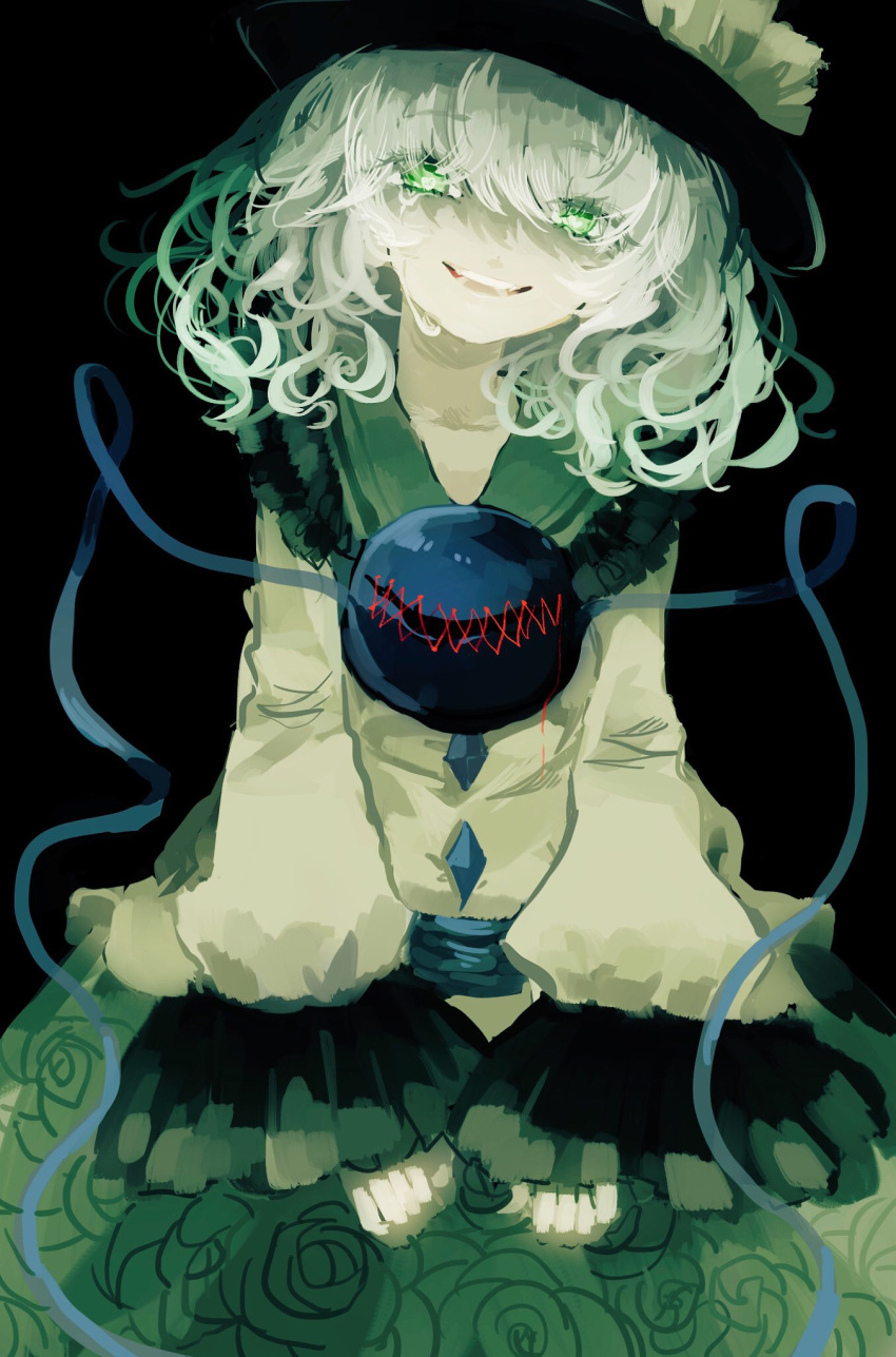 :d arms_at_sides ayame_(no_ohana) black_background black_hat blouse buttons commentary cowboy_shot crying crying_with_eyes_open diamond_button eyes_visible_through_hair female floral_print frilled_shirt_collar frilled_sleeves frills green_eyes green_hair green_skirt hair_over_eyes hat hat_ribbon heart heart_in_eye highres komeiji_koishi long_sleeves looking_at_viewer medium_hair open_mouth ribbon rose_print shirt simple_background skirt smile solo stitches symbol_in_eye tears teeth third_eye touhou upper_teeth_only wavy_hair wide_sleeves yellow_ribbon yellow_shirt