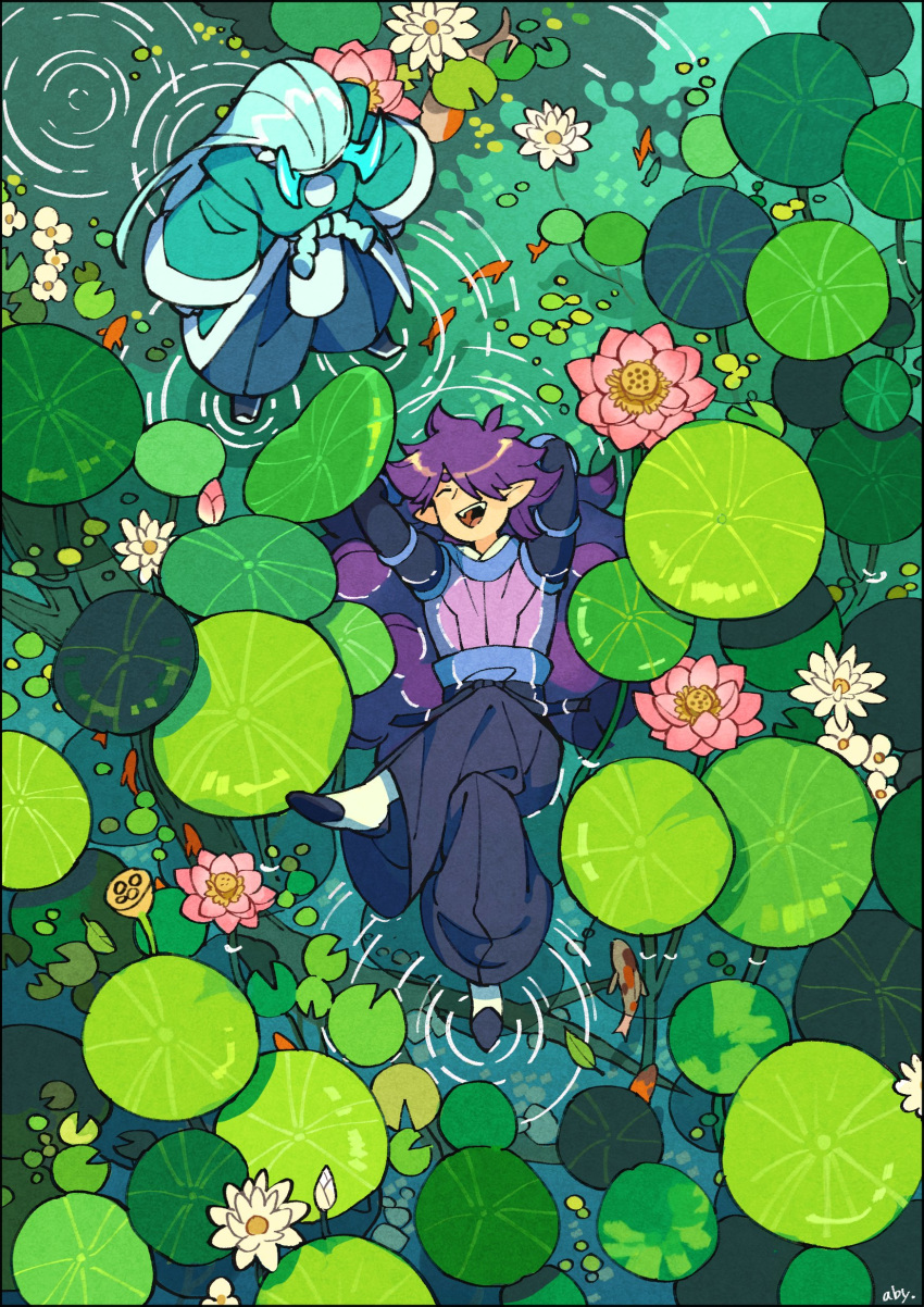 2boys absurdres abyff14 afloat arms_behind_head black_pants blue_hair blue_horns closed_eyes crossed_legs fengxi_(the_legend_of_luoxiaohei) fish flower from_above highres horns koi leaf lily_pad lotus luo_xiaohei_zhanji lying male_focus multiple_boys on_back open_mouth pants pink_flower pointy_ears purple_hair ripples signature smile standing standing_on_liquid water_lily_flower white_flower wide_shot xuhuai_(the_legend_of_luoxiaohei)