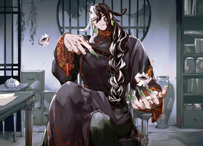 1boy ashiya_douman_(fate) asymmetrical_hair bell black_eyes black_hair commentary_request curly_hair earrings fate/grand_order fate_(series) fingernails hair_bell hair_between_eyes hair_intakes hair_ornament japanese_clothes jewelry kimono large_hands long_hair magatama magatama_earrings male_focus matsuno_(mat8k) multicolored_hair sharp_fingernails two-tone_hair very_long_fingernails very_long_hair white_hair