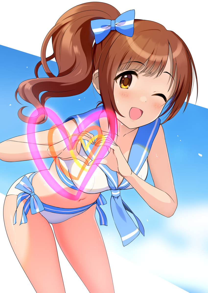 ;d absurdres bare_arms bent_over bikini blue_bow blue_necktie blue_sailor_collar bow brown_hair collarbone female hairbow heart heart_hands highres idolmaster idolmaster_cinderella_girls igarashi_kyoko long_hair looking_at_viewer natsuya_(natuya777) navel necktie one_eye_closed sailor_bikini sailor_collar sailor_swimsuit_(idolmaster) side-tie_bikini_bottom side_ponytail smile solo standing swimsuit white_bikini yellow_eyes